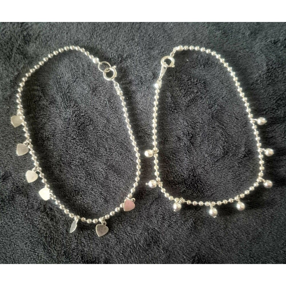 Lot of 2 Dainty Silver Tone Ankle Bracelets Heart Charm Beaded Ball Anklets 9"